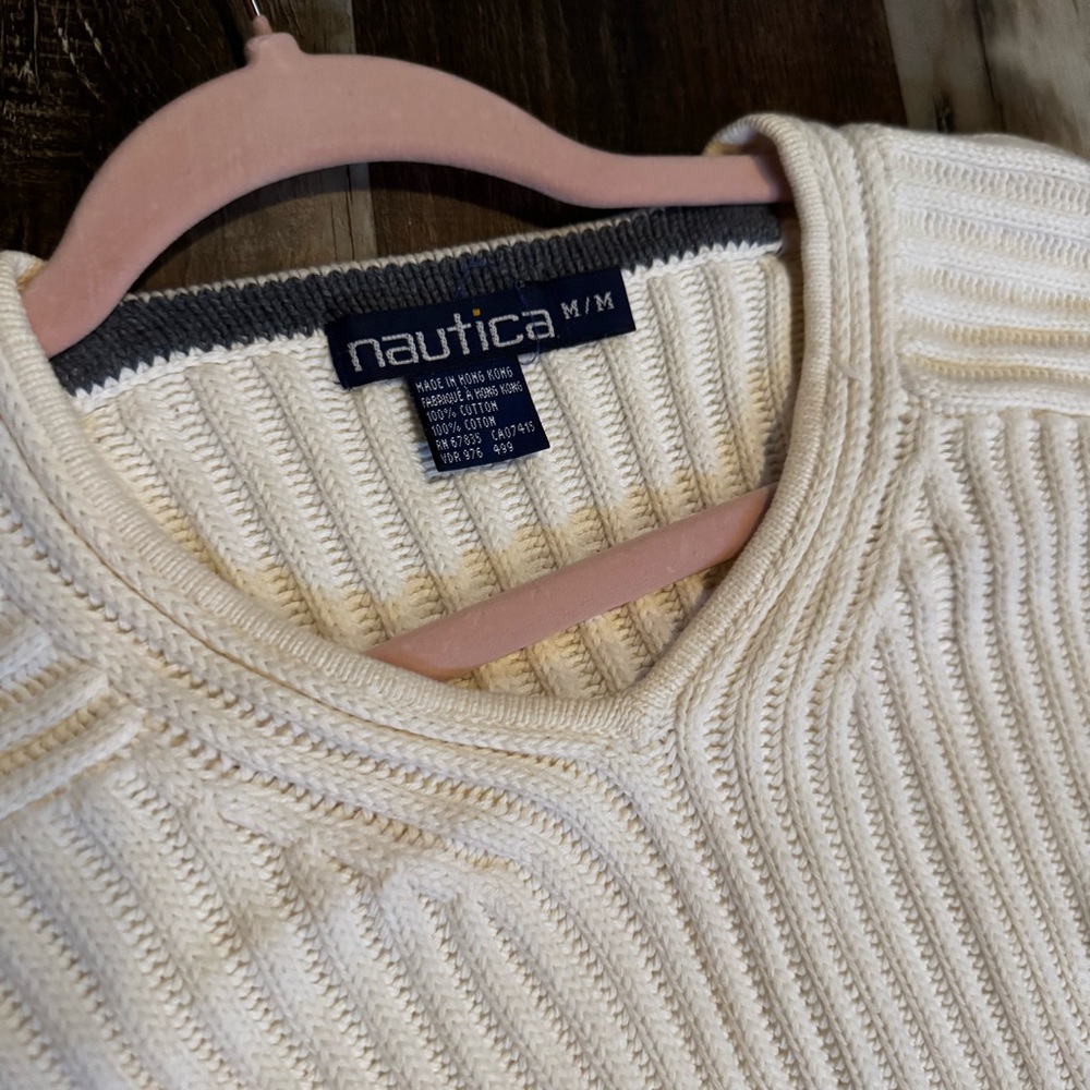 Nautica Men's white Sweater, 100% cotton, vintage 90s, Made in Hong Kong - Picture 9 of 10